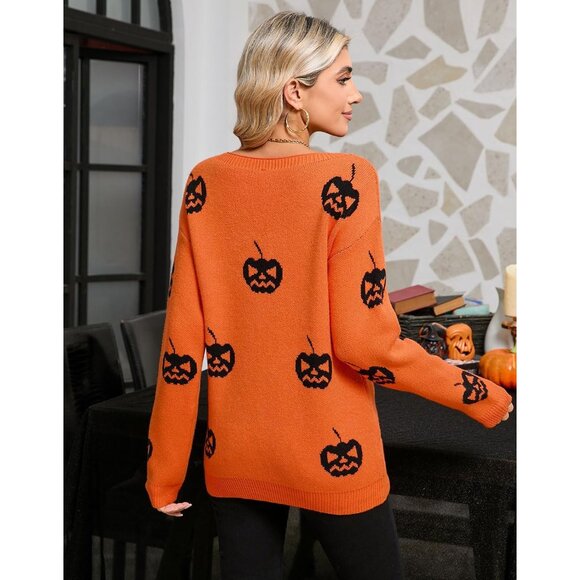 Women's Orange Pumpkin Sweater Crew Neck Long Sleeve Halloween Pullover - Picture 3 of 7